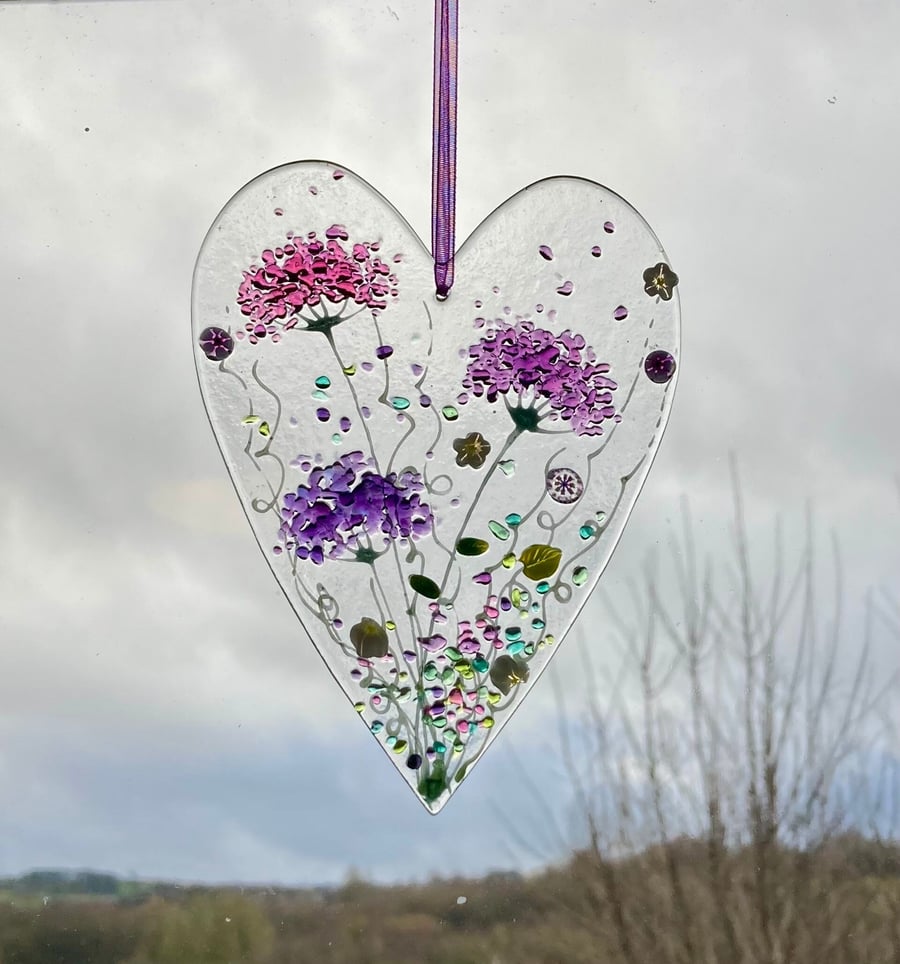 Floral love heart fused glass hanging sun catcher