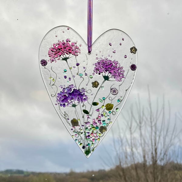 Floral love heart fused glass hanging sun catcher
