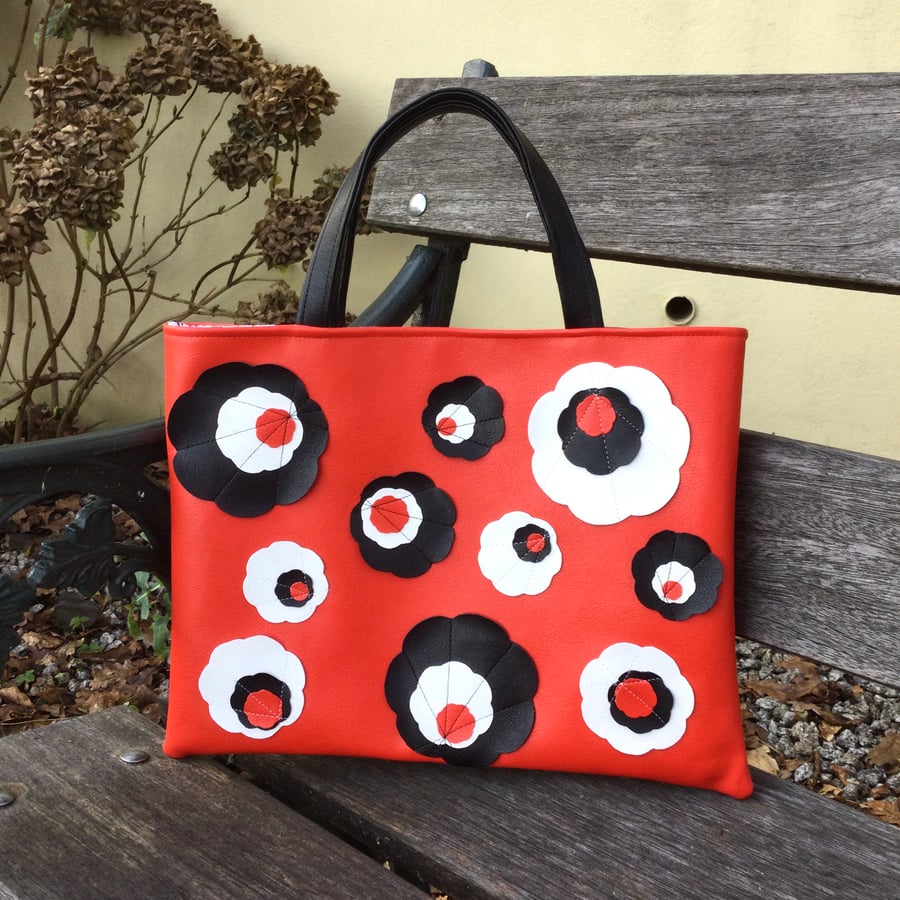 Black, Red and White Faux Leather Flower Embellished Tote Bag -Sale