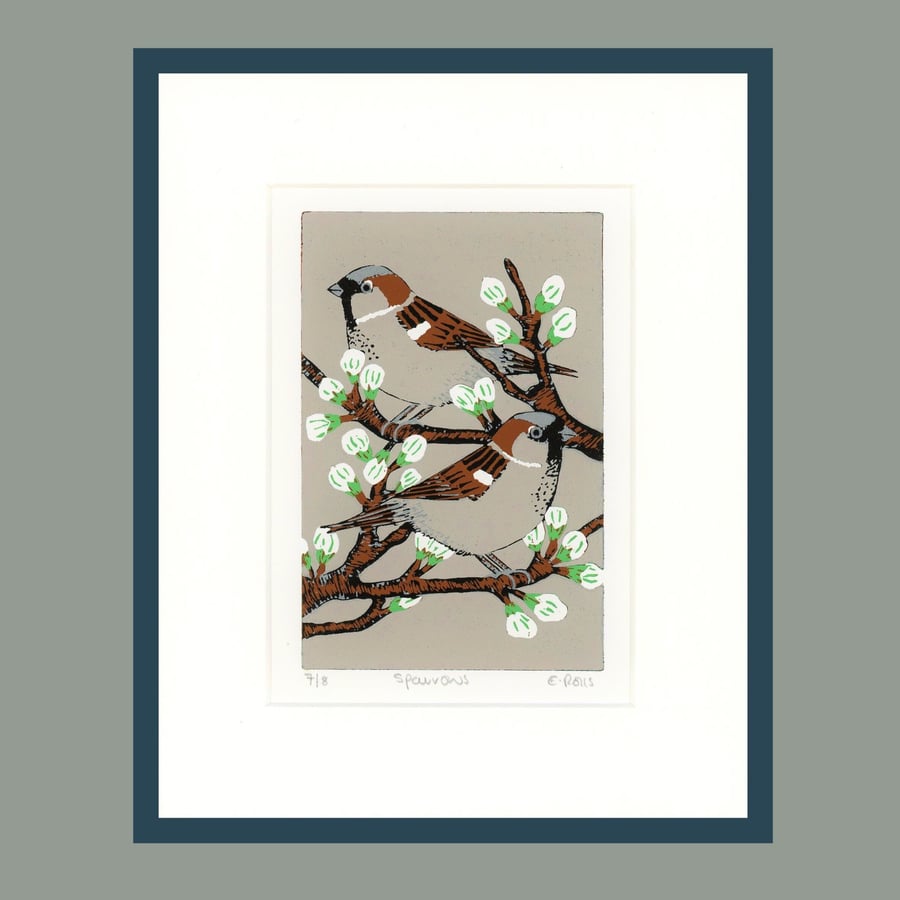 Lino Print, Bird Print, Sparrow Print, Hand Printed 