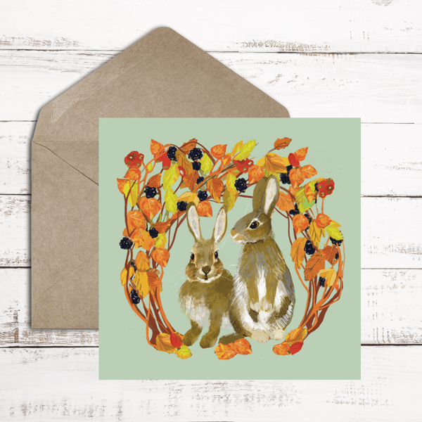 Bunnies rabbits woodlands blank card 