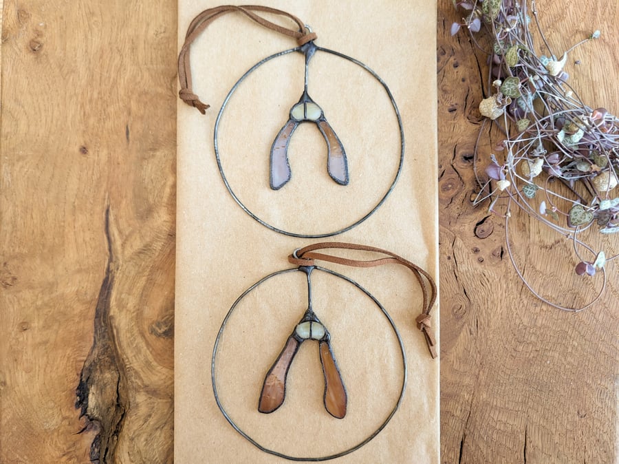 Stained Glass Sycamore Seed Mini Wreath, Autumnal Tiffany Suncatcher