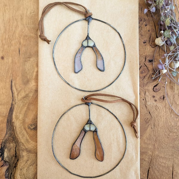 Stained Glass Sycamore Seed Mini Wreath, Autumnal Tiffany Suncatcher