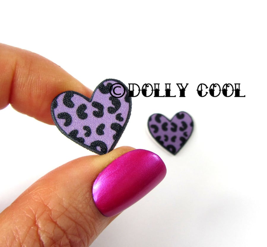 Heart Earrings in Purple Leopard Print by Dolly Cool Rockabilly Rock and Roll