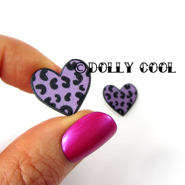 Heart Earrings in Purple Leopard Print by Dolly Cool Rockabilly Rock and Roll