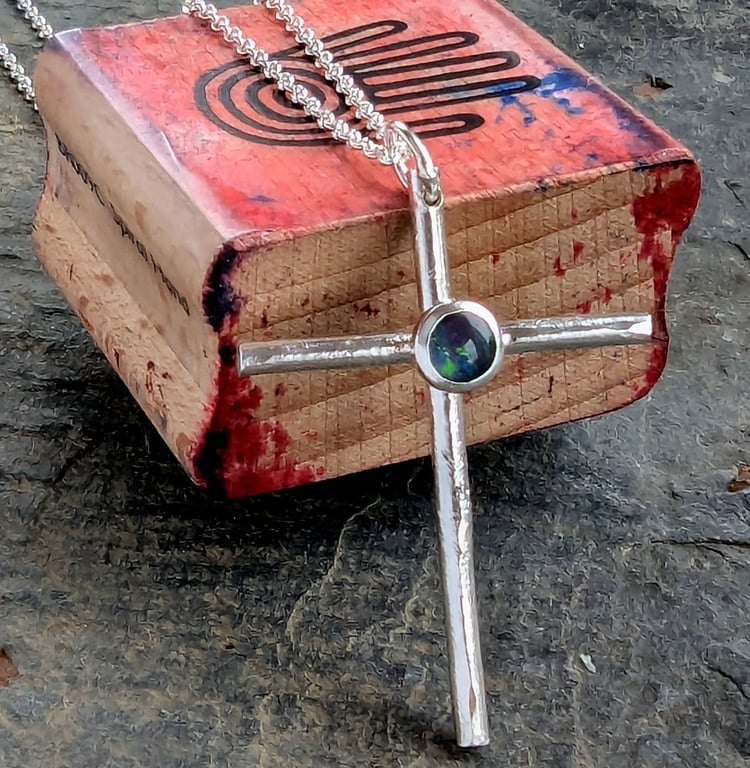 Recycled Sterling Silver Opal pendant cross 