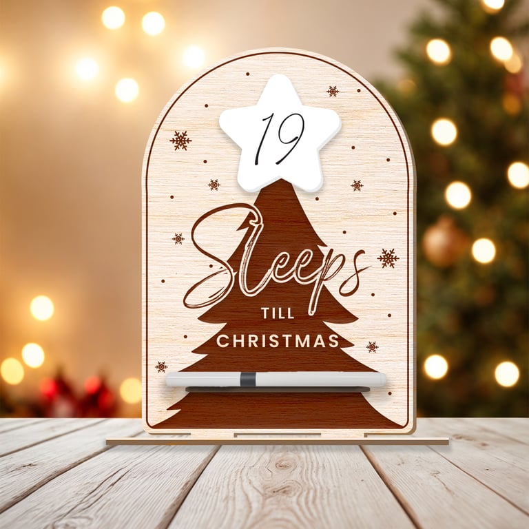 Sleeps Till Christmas: Wooden Countdown Sign with Acrylic Star & Dry-Erase
