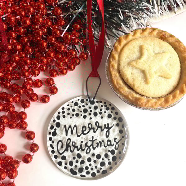 Fused Glass Merry Christmas Bauble Hanging Decoration