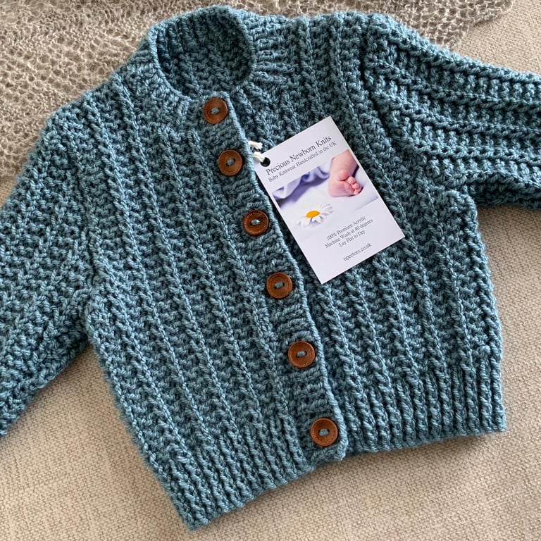 Hand Knitted Baby Cardigan – Harbour Blue 3–6 Months Ready to Post