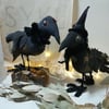 A pair of magical crows, bird sculpture, textile art birds, magical mail