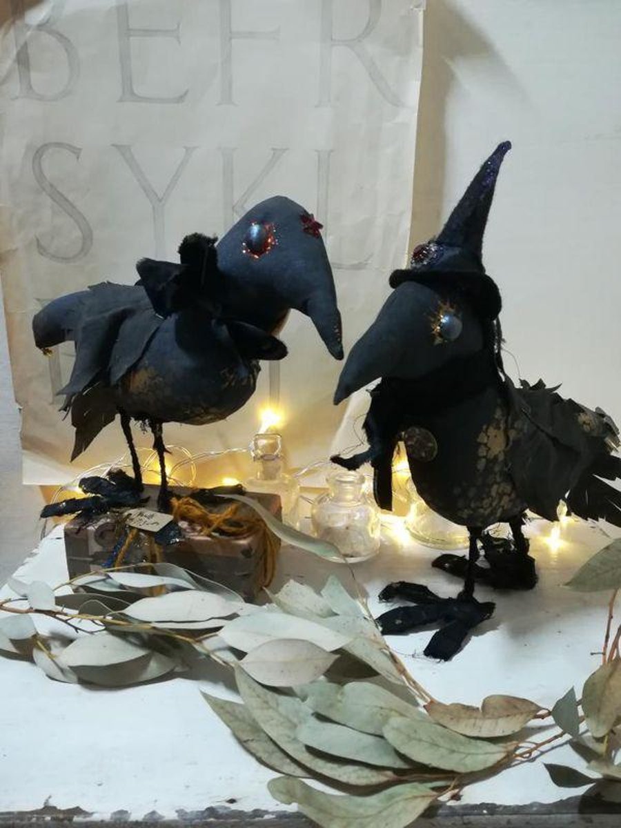 A pair of magical crows, bird sculpture, textile art birds, magical mail