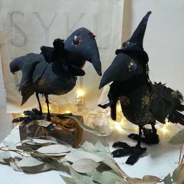 A pair of magical crows, bird sculpture, textile art birds, magical mail