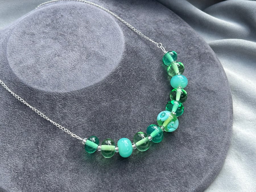 green lampwork glass beaded necklace