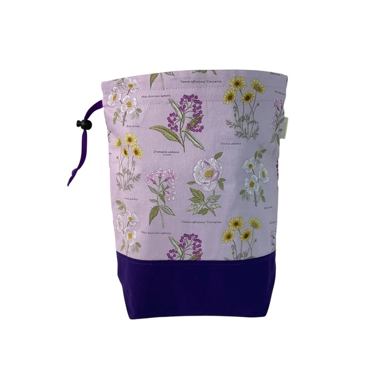 two at a time knitting bag with floral  print, drawstring divided pouch, 