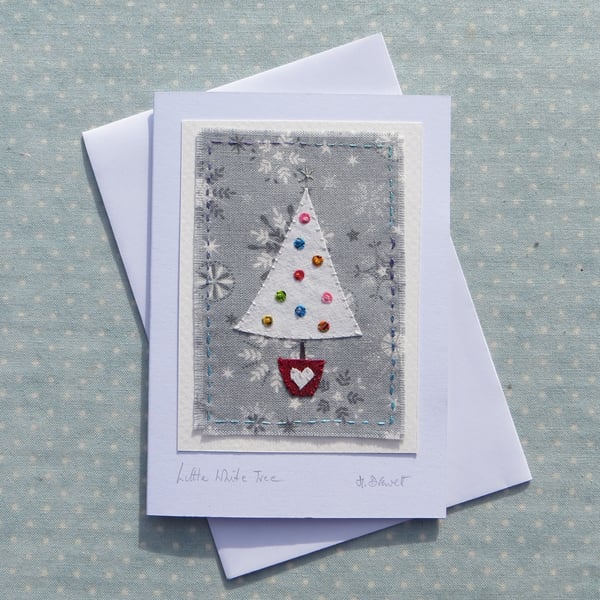 Little White Tree, hand-stitched miniature mounted on card for Christmas