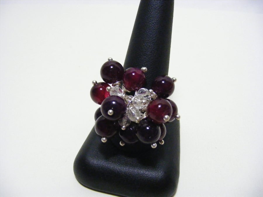 Cherry Red Agate and Clear Quartz Gemstone Adjustable Ring
