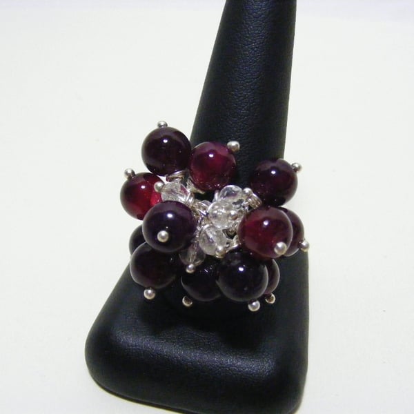 Cherry Red Agate and Clear Quartz Gemstone Adjustable Ring