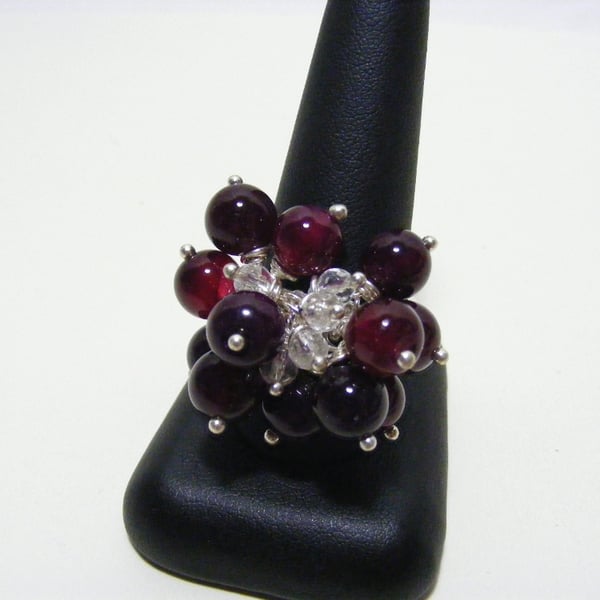 Cherry Red Agate and Clear Quartz Gemstone Adjustable Ring