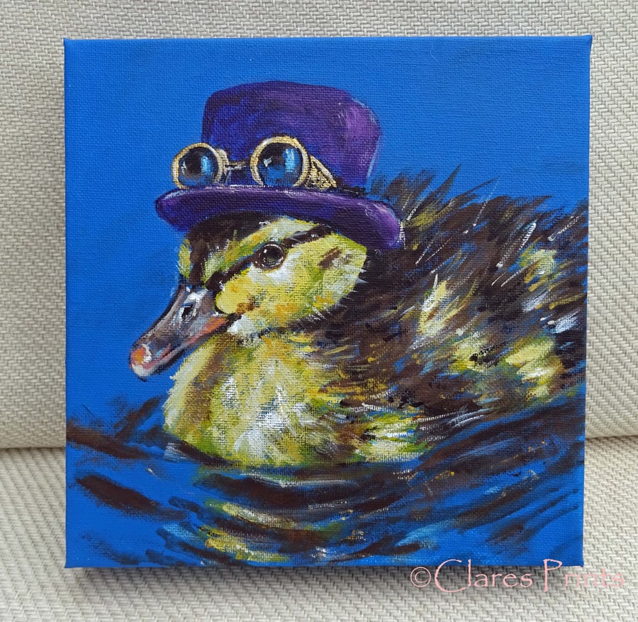 Steampunk Duckling Art Original Acrylic Painting on Canvas OOAK Retro Bird