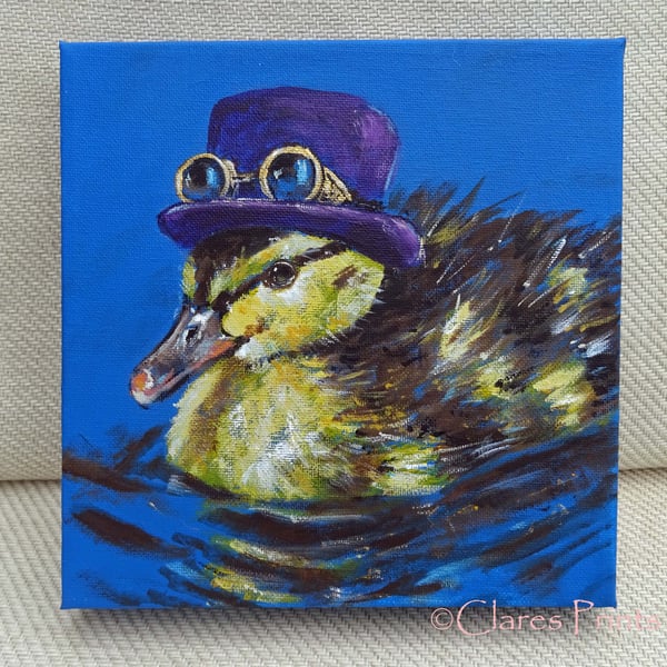 Steampunk Duckling Art Original Acrylic Painting on Canvas OOAK Retro Bird