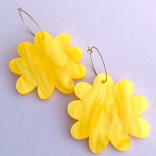 Big marble yellow flower lightweight hoop earrings for women, floral earrings