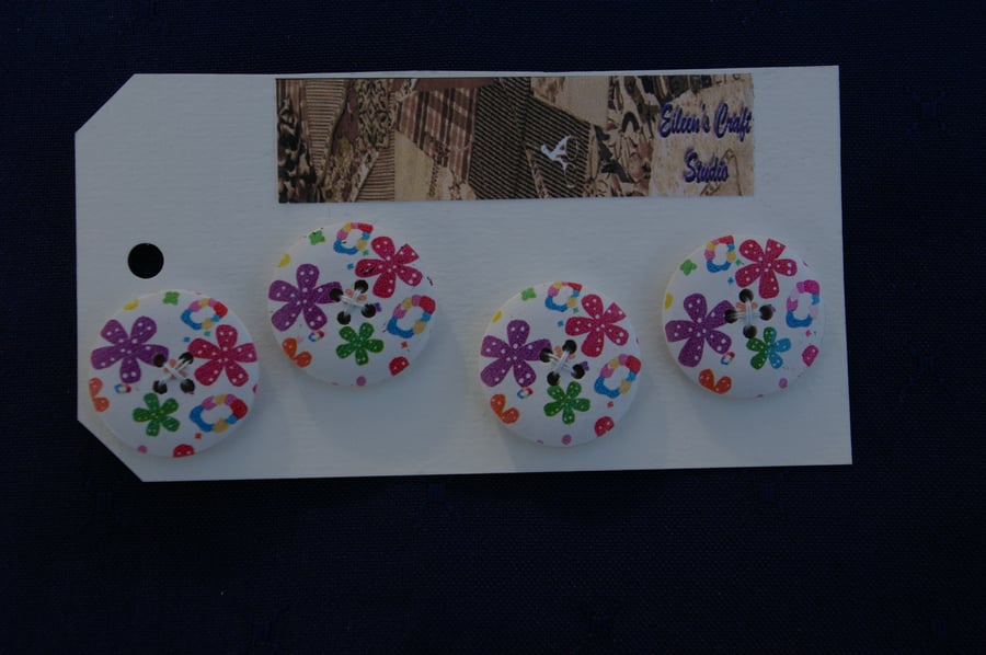 Buttons Four Flower Printed Wooden Buttons