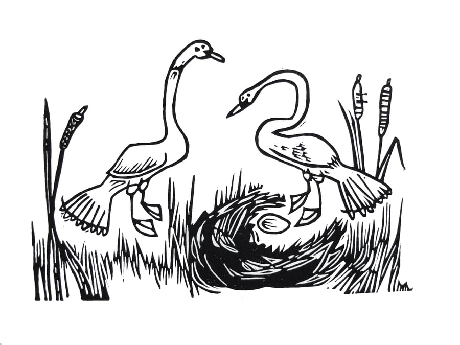 Two Swans - lino print