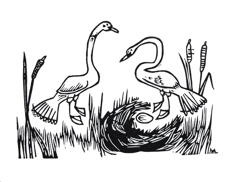 Two Swans - lino print