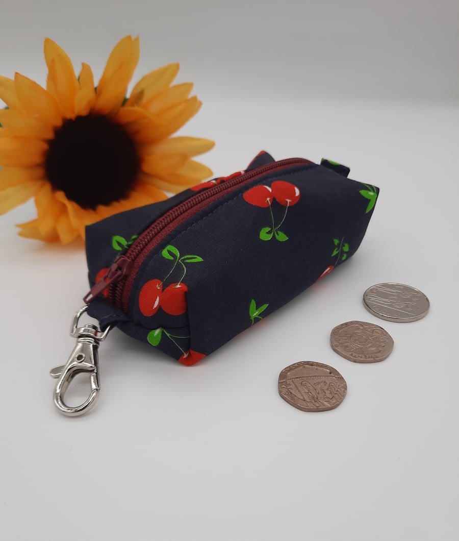 Keyring purse boxed shape navy cherry print,  bag charm. 