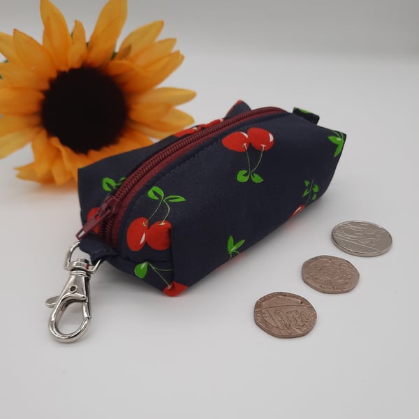 Keyring purse boxed shape navy cherry print,  bag charm. 