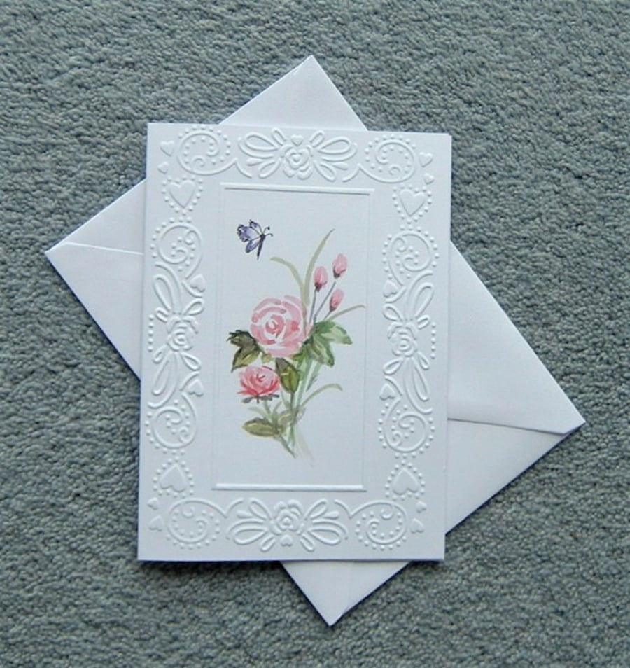 pink rose hand painted embossed watercolour greetings card ( ref F 164 )