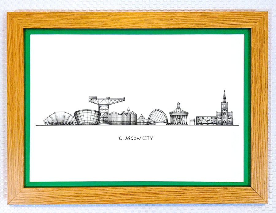 Glasgow Cityscape Handmade Unique Framed A3 Print Dark Green Border Wallart Gift