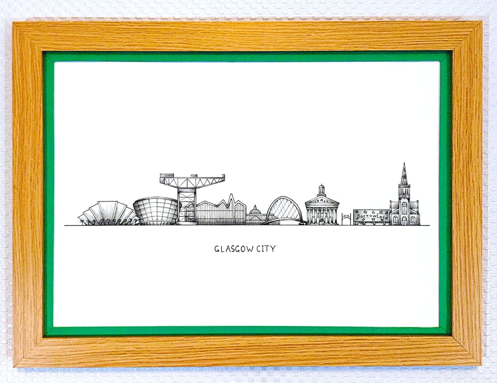 Glasgow Cityscape Handmade Unique Framed A3 Print Dark Green Border Wallart Gift