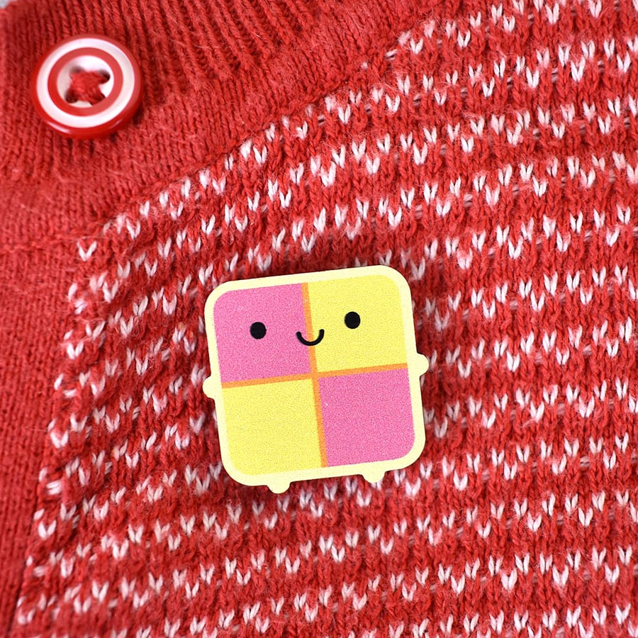 Battenberg Cake Kawaii Wooden Pin or Brooch