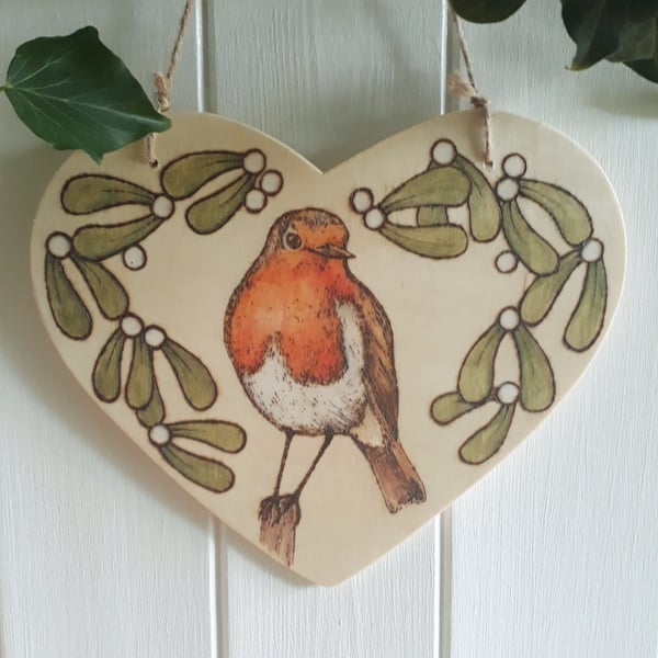 Robin & mistletoe pyrography wooden heart hanging decoration