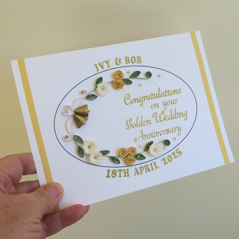 Personalised 50th golden wedding anniversary card with quilling