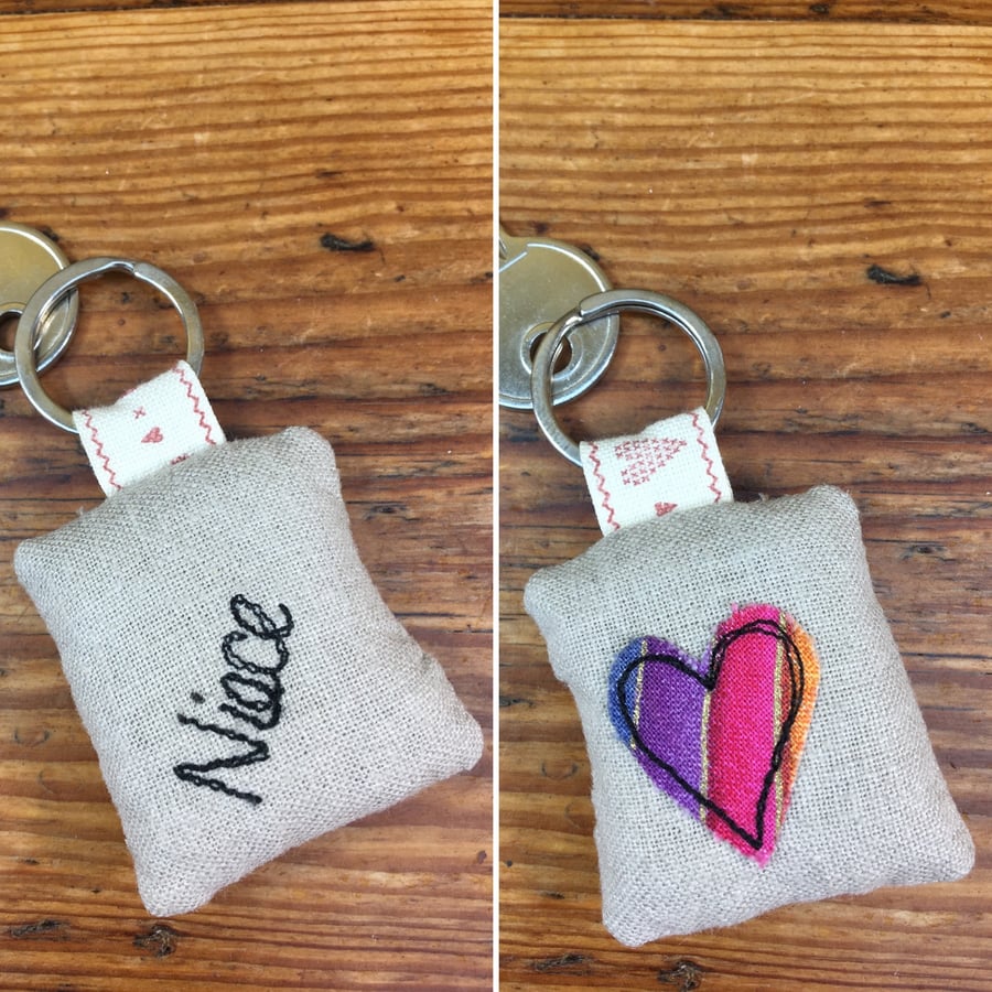 Niece keyring - Rainbow heart - Embroidered fabric keyring - Lavender filled