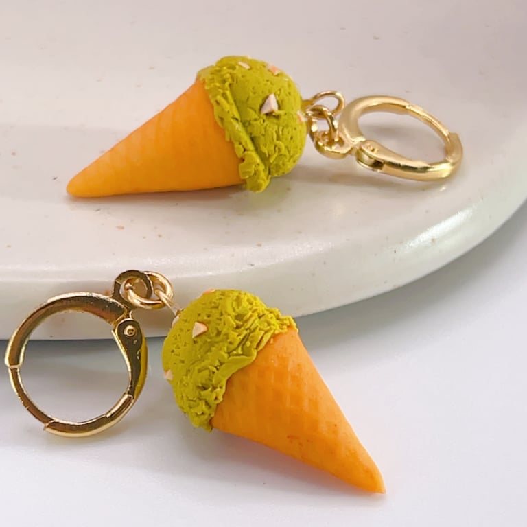 Ice Cream Cone Earrings, Pistachio, Handmade Gift for Her