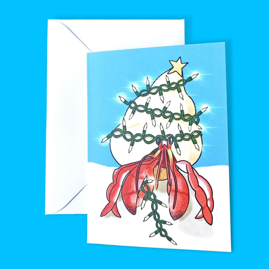 Hermit Crab Christmas Fairy Lights and Star Illustration A6 Card