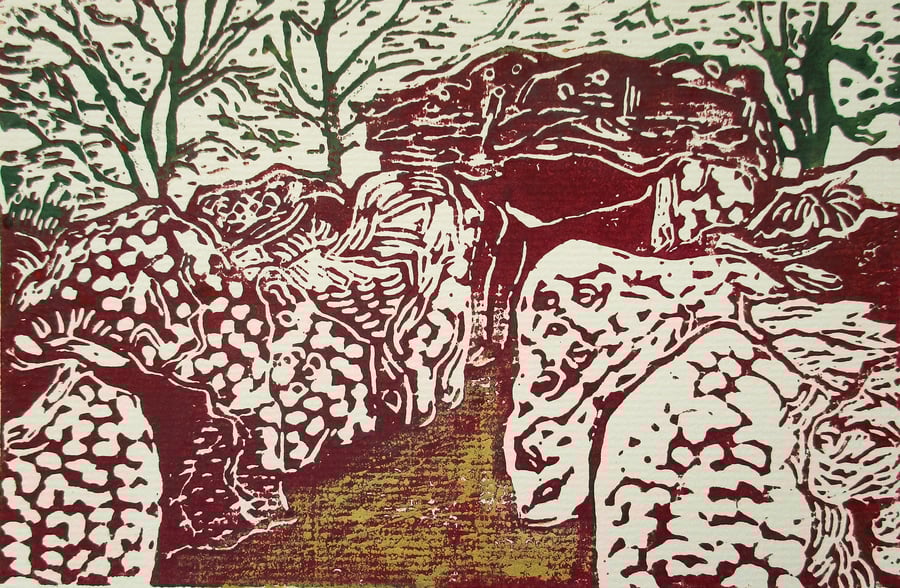 Wayland's Smithy Long Barrow Oxfordshire Original Hand Pressed Linocut Print