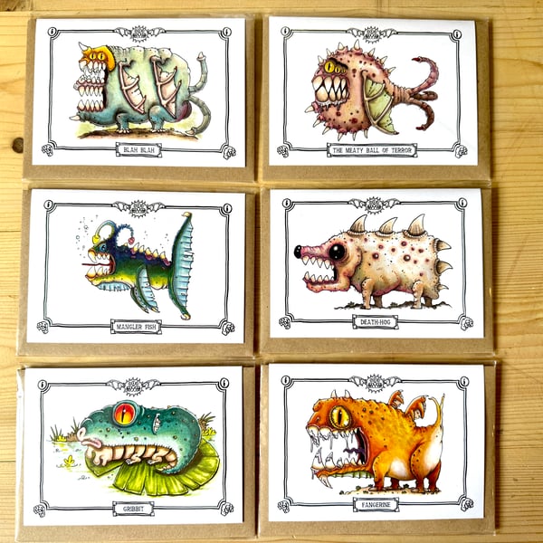 Pack of 6 Boblings Monster Greetings Cards - A6 - Version 1