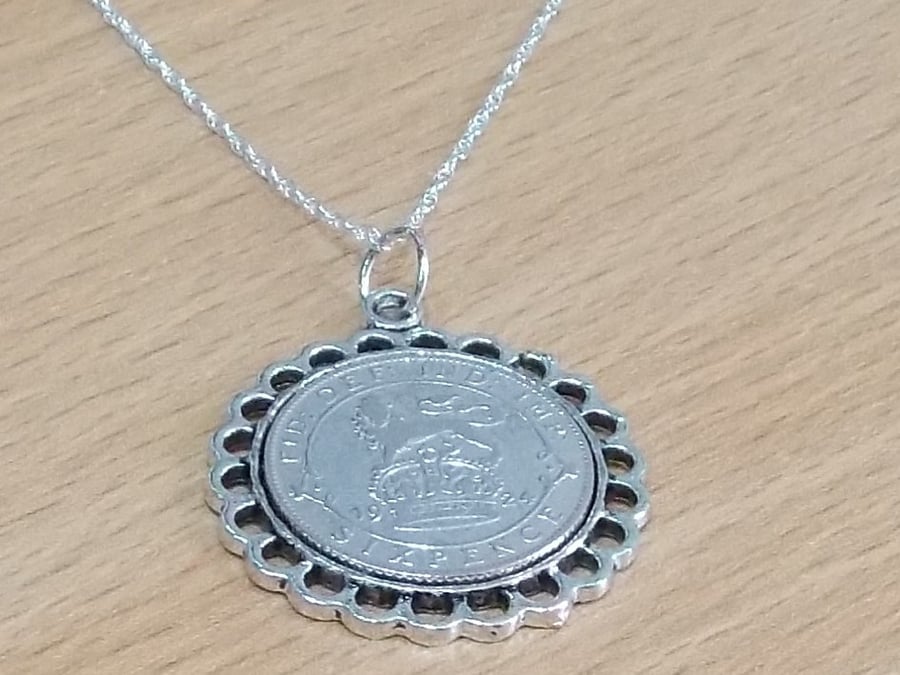 Fine Pendant 1924 Lucky sixpence 100th Birthday plus a Sterling Silver 18in Ch