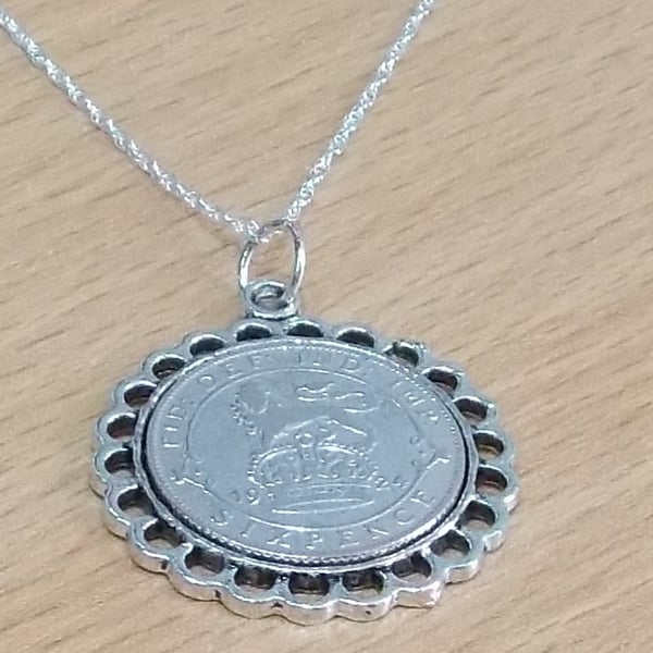 Fine Pendant 1924 Lucky sixpence 100th Birthday plus a Sterling Silver 18in Ch