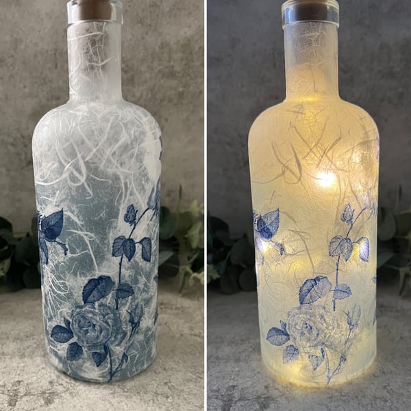 Decoupage Glass Gin Bottle Light: Blue Rose, Home Decor, Rustic, Upcycled, Light