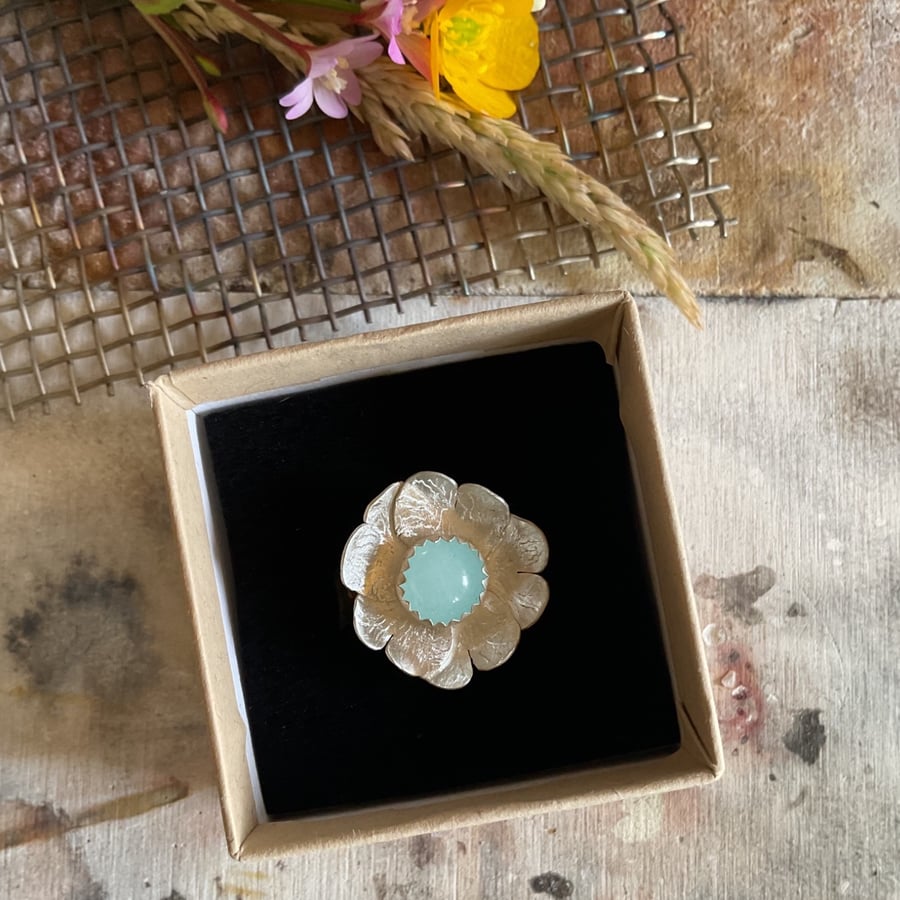 Flower Ring with Blue Stone - Handmade Mixed Metal Ring