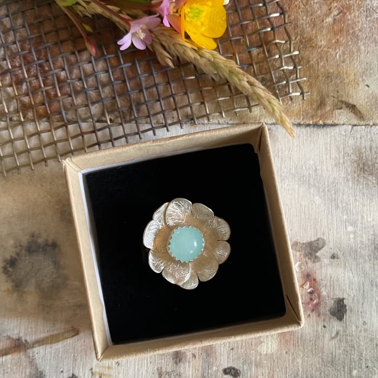Flower Ring with Blue Stone - Handmade Mixed Metal Ring