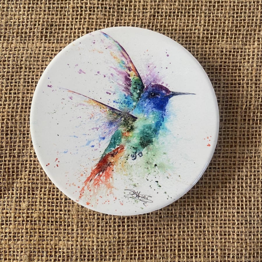 Hummingbird Ceramic Coaster with Cork Base, Large 10cm Round Coaster. From a Wat