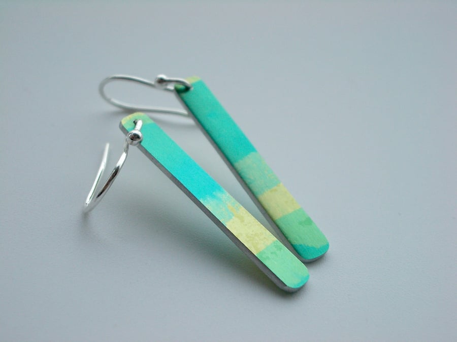 Green and yellow striped rectangle earrings