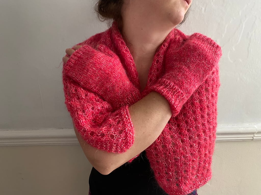 Winter warmers. Hand knitted scarf and fingerless mittens set