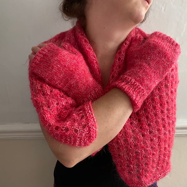 Winter warmers. Hand knitted scarf and fingerless mittens set